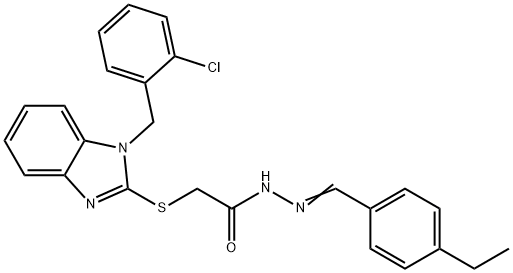 2-[1-[(2-chlorophenyl)methyl]benzimidazol-2-yl]sulfanyl-N-[(E)-(4-ethylphenyl)methylideneamino]acetamide Struktur