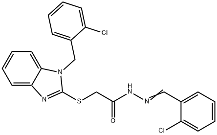 2-[1-[(2-chlorophenyl)methyl]benzimidazol-2-yl]sulfanyl-N-[(E)-(2-chlorophenyl)methylideneamino]acetamide Struktur