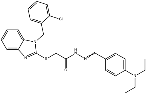 2-[1-[(2-chlorophenyl)methyl]benzimidazol-2-yl]sulfanyl-N-[(E)-[4-(diethylamino)phenyl]methylideneamino]acetamide Struktur