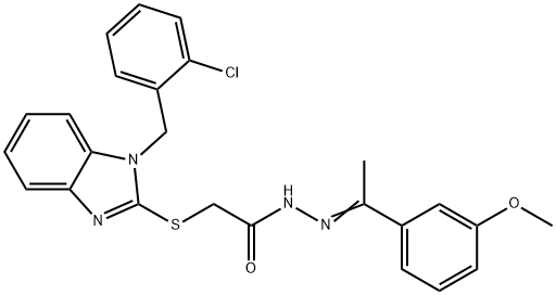 2-[1-[(2-chlorophenyl)methyl]benzimidazol-2-yl]sulfanyl-N-[(E)-1-(3-methoxyphenyl)ethylideneamino]acetamide Struktur