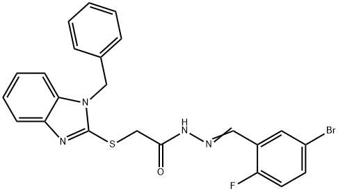 2-(1-benzylbenzimidazol-2-yl)sulfanyl-N-[(E)-(5-bromo-2-fluorophenyl)methylideneamino]acetamide Struktur