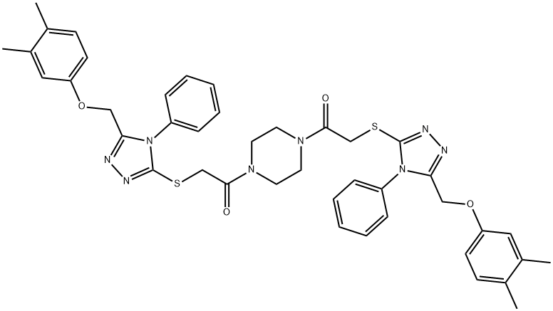 2-[[5-[(3,4-dimethylphenoxy)methyl]-4-phenyl-1,2,4-triazol-3-yl]sulfanyl]-1-[4-[2-[[5-[(3,4-dimethylphenoxy)methyl]-4-phenyl-1,2,4-triazol-3-yl]sulfanyl]acetyl]piperazin-1-yl]ethanone Struktur