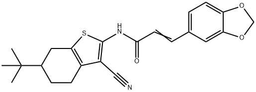 (E)-3-(1,3-benzodioxol-5-yl)-N-(6-tert-butyl-3-cyano-4,5,6,7-tetrahydro-1-benzothiophen-2-yl)prop-2-enamide Struktur