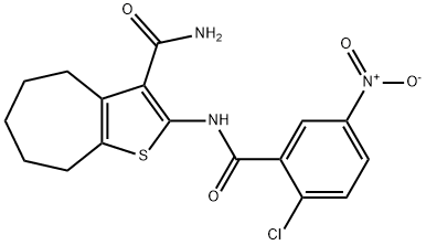 2-[(2-chloro-5-nitrobenzoyl)amino]-5,6,7,8-tetrahydro-4H-cyclohepta[b]thiophene-3-carboxamide Struktur