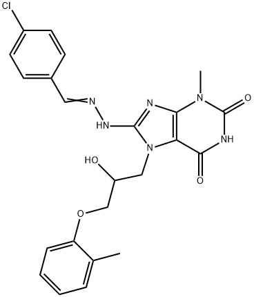 8-[(2E)-2-[(4-chlorophenyl)methylidene]hydrazinyl]-7-[2-hydroxy-3-(2-methylphenoxy)propyl]-3-methylpurine-2,6-dione Struktur