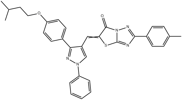 (5Z)-5-[[3-[4-(3-methylbutoxy)phenyl]-1-phenylpyrazol-4-yl]methylidene]-2-(4-methylphenyl)-[1,3]thiazolo[3,2-b][1,2,4]triazol-6-one Struktur