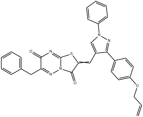 (2Z)-6-benzyl-2-[[1-phenyl-3-(4-prop-2-enoxyphenyl)pyrazol-4-yl]methylidene]-[1,3]thiazolo[3,2-b][1,2,4]triazine-3,7-dione Struktur