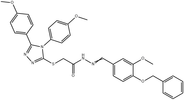 2-[[4,5-bis(4-methoxyphenyl)-1,2,4-triazol-3-yl]sulfanyl]-N-[(E)-(3-methoxy-4-phenylmethoxyphenyl)methylideneamino]acetamide Struktur