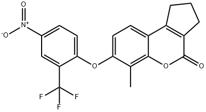 6-methyl-7-[4-nitro-2-(trifluoromethyl)phenoxy]-2,3-dihydro-1H-cyclopenta[c]chromen-4-one Struktur