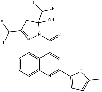 [3,5-bis(difluoromethyl)-5-hydroxy-4H-pyrazol-1-yl]-[2-(5-methylfuran-2-yl)quinolin-4-yl]methanone Struktur