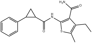 4-ethyl-5-methyl-2-[(2-phenylcyclopropanecarbonyl)amino]thiophene-3-carboxamide Struktur