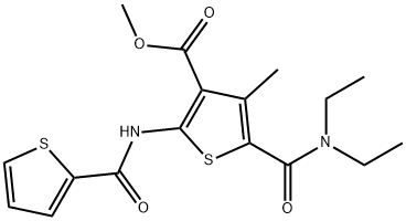 methyl 5-(diethylcarbamoyl)-4-methyl-2-(thiophene-2-carbonylamino)thiophene-3-carboxylate Struktur