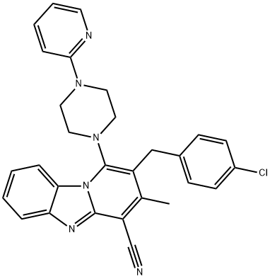 2-[(4-chlorophenyl)methyl]-3-methyl-1-(4-pyridin-2-ylpiperazin-1-yl)pyrido[1,2-a]benzimidazole-4-carbonitrile Struktur