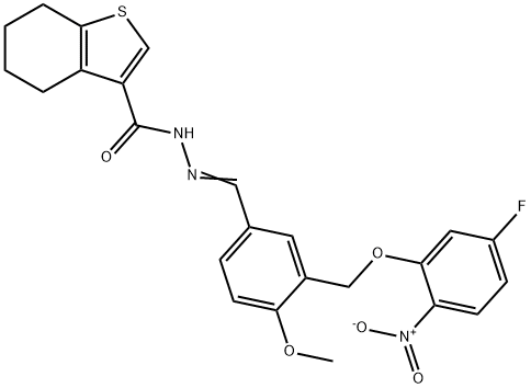 N-[(E)-[3-[(5-fluoro-2-nitrophenoxy)methyl]-4-methoxyphenyl]methylideneamino]-4,5,6,7-tetrahydro-1-benzothiophene-3-carboxamide Struktur