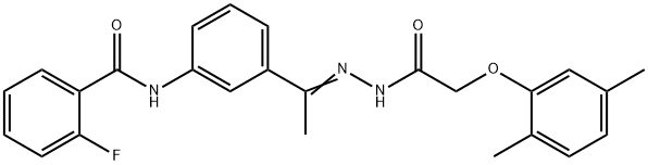 N-[3-[(E)-N-[[2-(2,5-dimethylphenoxy)acetyl]amino]-C-methylcarbonimidoyl]phenyl]-2-fluorobenzamide Struktur