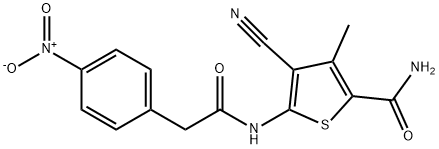 4-cyano-3-methyl-5-[[2-(4-nitrophenyl)acetyl]amino]thiophene-2-carboxamide Struktur