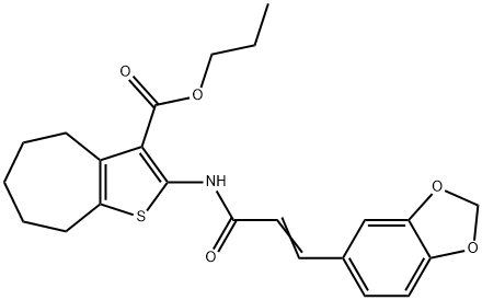 propyl 2-[[(E)-3-(1,3-benzodioxol-5-yl)prop-2-enoyl]amino]-5,6,7,8-tetrahydro-4H-cyclohepta[b]thiophene-3-carboxylate Struktur