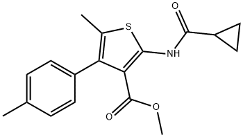 methyl 2-(cyclopropanecarbonylamino)-5-methyl-4-(4-methylphenyl)thiophene-3-carboxylate Struktur