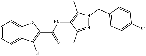 N-[1-[(4-bromophenyl)methyl]-3,5-dimethylpyrazol-4-yl]-3-chloro-1-benzothiophene-2-carboxamide Struktur