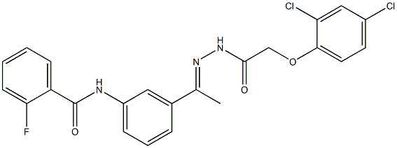 N-[3-[(E)-N-[[2-(2,4-dichlorophenoxy)acetyl]amino]-C-methylcarbonimidoyl]phenyl]-2-fluorobenzamide Struktur