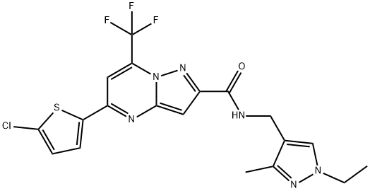 5-(5-chlorothiophen-2-yl)-N-[(1-ethyl-3-methylpyrazol-4-yl)methyl]-7-(trifluoromethyl)pyrazolo[1,5-a]pyrimidine-2-carboxamide Struktur