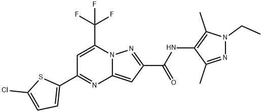 5-(5-chlorothiophen-2-yl)-N-(1-ethyl-3,5-dimethylpyrazol-4-yl)-7-(trifluoromethyl)pyrazolo[1,5-a]pyrimidine-2-carboxamide Struktur