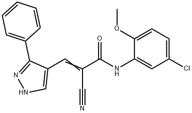 (Z)-N-(5-chloro-2-methoxyphenyl)-2-cyano-3-(5-phenyl-1H-pyrazol-4-yl)prop-2-enamide Struktur