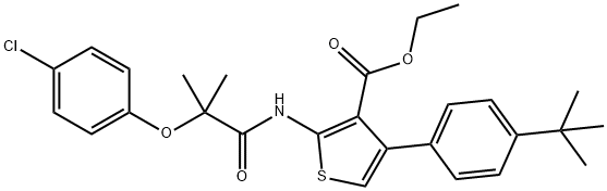 ethyl 4-(4-tert-butylphenyl)-2-[[2-(4-chlorophenoxy)-2-methylpropanoyl]amino]thiophene-3-carboxylate Struktur