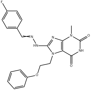 8-[(2E)-2-[(4-fluorophenyl)methylidene]hydrazinyl]-3-methyl-7-(2-phenoxyethyl)purine-2,6-dione Struktur