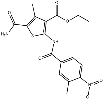 ethyl 5-carbamoyl-4-methyl-2-[(3-methyl-4-nitrobenzoyl)amino]thiophene-3-carboxylate Struktur