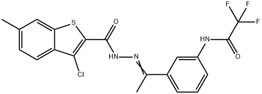 3-chloro-6-methyl-N-[(Z)-1-[3-[(2,2,2-trifluoroacetyl)amino]phenyl]ethylideneamino]-1-benzothiophene-2-carboxamide Struktur