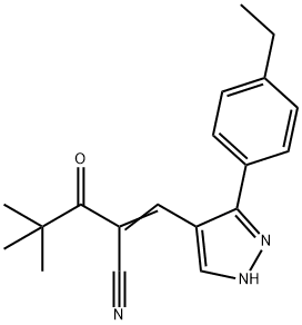 (2Z)-2-[[5-(4-ethylphenyl)-1H-pyrazol-4-yl]methylidene]-4,4-dimethyl-3-oxopentanenitrile Struktur