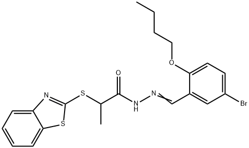 2-(1,3-benzothiazol-2-ylsulfanyl)-N-[(E)-(5-bromo-2-butoxyphenyl)methylideneamino]propanamide Struktur