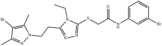 2-[[5-[2-(4-bromo-3,5-dimethylpyrazol-1-yl)ethyl]-4-ethyl-1,2,4-triazol-3-yl]sulfanyl]-N-(3-bromophenyl)acetamide Struktur