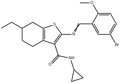 2-[(E)-(5-bromo-2-methoxyphenyl)methylideneamino]-N-cyclopropyl-6-ethyl-4,5,6,7-tetrahydro-1-benzothiophene-3-carboxamide Struktur