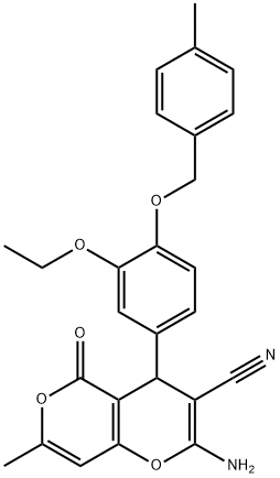 2-amino-4-[3-ethoxy-4-[(4-methylphenyl)methoxy]phenyl]-7-methyl-5-oxo-4H-pyrano[3,2-c]pyran-3-carbonitrile Struktur