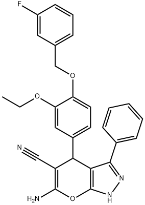 6-amino-4-[3-ethoxy-4-[(3-fluorophenyl)methoxy]phenyl]-3-phenyl-2,4-dihydropyrano[2,3-c]pyrazole-5-carbonitrile Struktur