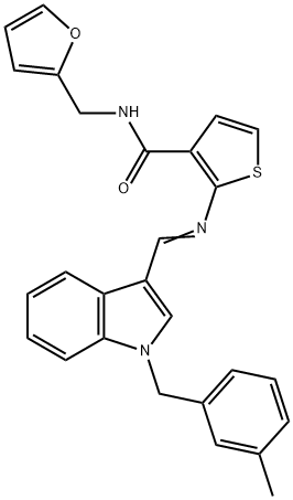 N-(furan-2-ylmethyl)-2-[(E)-[1-[(3-methylphenyl)methyl]indol-3-yl]methylideneamino]thiophene-3-carboxamide Struktur