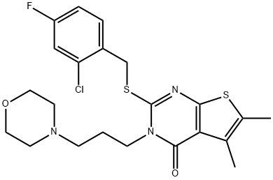 2-[(2-chloro-4-fluorophenyl)methylsulfanyl]-5,6-dimethyl-3-(3-morpholin-4-ylpropyl)thieno[2,3-d]pyrimidin-4-one Struktur