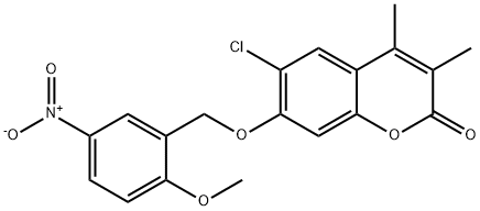 6-chloro-7-[(2-methoxy-5-nitrophenyl)methoxy]-3,4-dimethylchromen-2-one Struktur