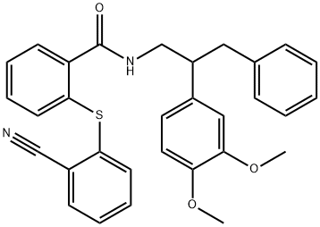 2-(2-cyanophenyl)sulfanyl-N-[2-(3,4-dimethoxyphenyl)-3-phenylpropyl]benzamide Struktur