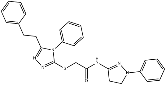 N-(2-phenyl-3,4-dihydropyrazol-5-yl)-2-[[4-phenyl-5-(2-phenylethyl)-1,2,4-triazol-3-yl]sulfanyl]acetamide Struktur