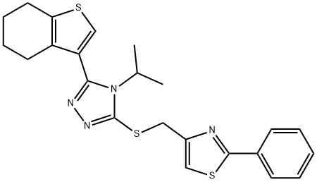 2-phenyl-4-[[4-propan-2-yl-5-(4,5,6,7-tetrahydro-1-benzothiophen-3-yl)-1,2,4-triazol-3-yl]sulfanylmethyl]-1,3-thiazole Struktur