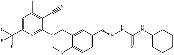 1-[(E)-[3-[[3-cyano-4-methyl-6-(trifluoromethyl)pyridin-2-yl]sulfanylmethyl]-4-methoxyphenyl]methylideneamino]-3-cyclohexylthiourea Struktur