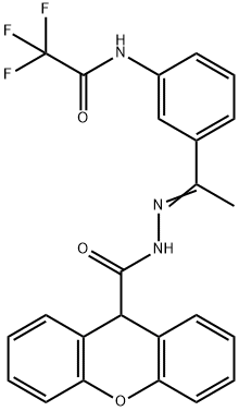 N-[(E)-1-[3-[(2,2,2-trifluoroacetyl)amino]phenyl]ethylideneamino]-9H-xanthene-9-carboxamide Struktur