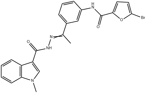 N-[(E)-1-[3-[(5-bromofuran-2-carbonyl)amino]phenyl]ethylideneamino]-1-methylindole-3-carboxamide Struktur