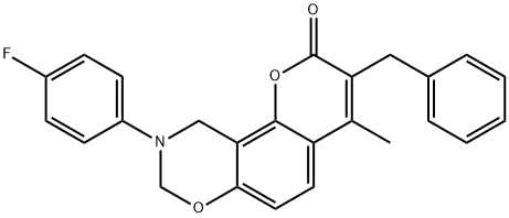 3-benzyl-9-(4-fluorophenyl)-4-methyl-8,10-dihydropyrano[2,3-f][1,3]benzoxazin-2-one Struktur