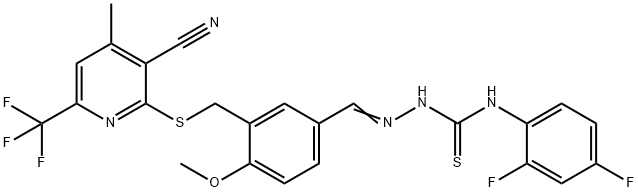 1-[(E)-[3-[[3-cyano-4-methyl-6-(trifluoromethyl)pyridin-2-yl]sulfanylmethyl]-4-methoxyphenyl]methylideneamino]-3-(2,4-difluorophenyl)thiourea Struktur