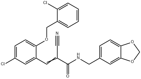 (E)-N-(1,3-benzodioxol-5-ylmethyl)-3-[5-chloro-2-[(2-chlorophenyl)methoxy]phenyl]-2-cyanoprop-2-enamide Struktur