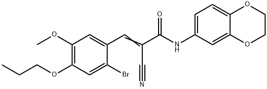 (E)-3-(2-bromo-5-methoxy-4-propoxyphenyl)-2-cyano-N-(2,3-dihydro-1,4-benzodioxin-6-yl)prop-2-enamide Struktur